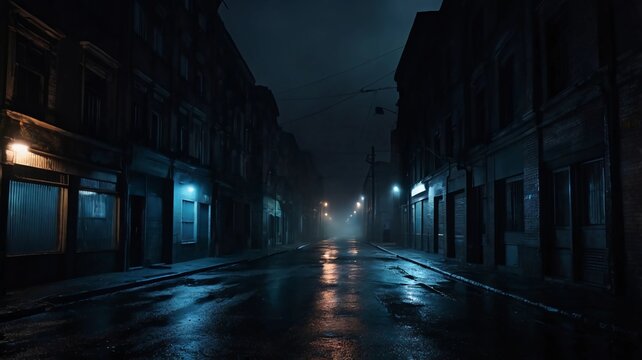 dark gloomy city street at night. background for crime. dark foggy abandoned city with glowing light, crime dark background