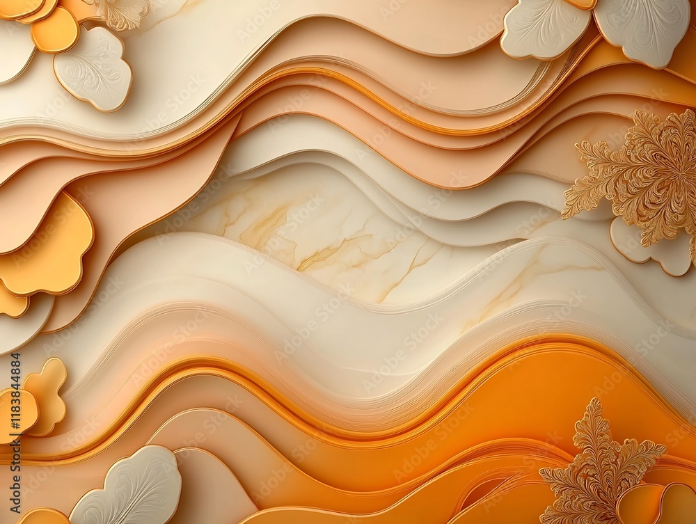 Poster ornate shimmering golden and bronze patterns flow gracefully across a tranquil surface of soft peach