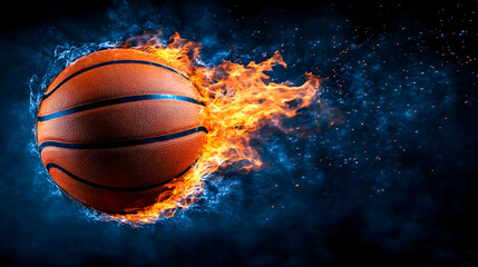 A burning basketball ball that is cut out and flying with flames