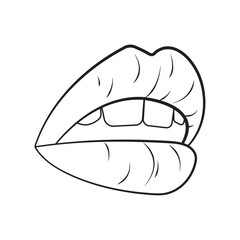 Woman beautiful lips in black and white in outline style, female sexy lips, open mouth, isolated on white background for icons, logo, kiss, stickers	