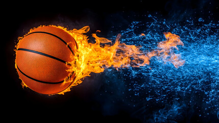 A burning basketball ball that is cut out and flying with flames