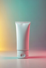 A tube of white cream sits on a table. The tube is empty and the lid is off. The tube is sitting on a table with a colorful background