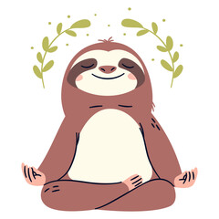 Flat vector illustration in a simple children's style. Cute sloth sitting doing meditation on white background, yoga . Vector illustration