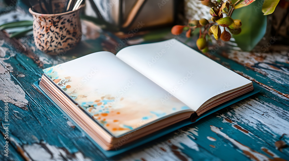 Leinwandbilder A beautifully designed journaling notebook lies open to a blank page, inviting creativity, the page is adorned with abstract decorative elements, adding an artistic touch to the notebook