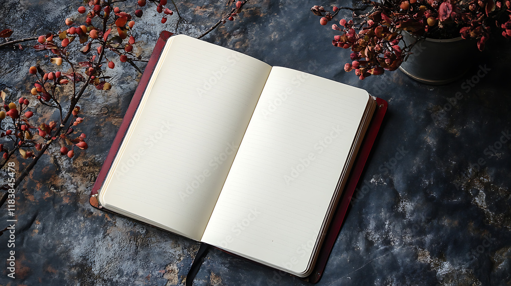Leinwandbilder A beautifully designed journaling notebook lies open to a blank page, inviting creativity, the page is adorned with abstract decorative elements, adding an artistic touch to the notebook