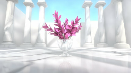 Pink flowers, glass vase, white temple, sunlight