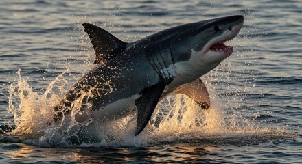 Fototapeta premium Great White Shark Leaps From Ocean Water