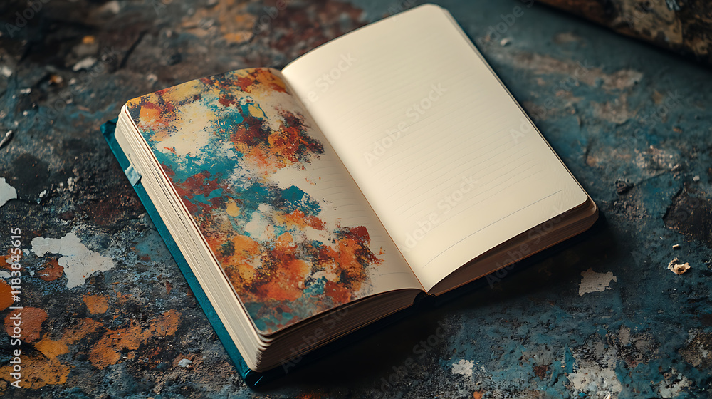 Fototapete A beautifully designed journaling notebook lies open to a blank page, inviting creativity, the page is adorned with abstract decorative elements, adding an artistic touch to the notebook