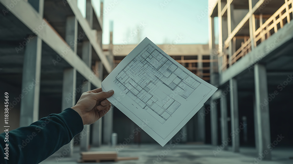 Poster a closeup image of a hand holding project blueprint, with an industrial concrete building space visi