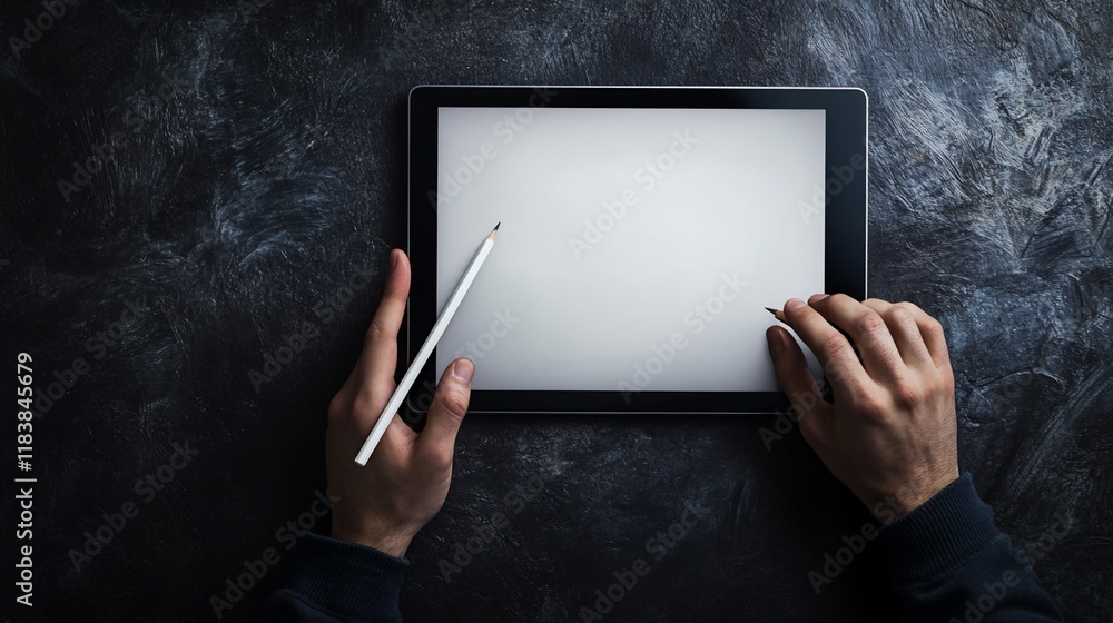 Aufkleber overhead view of hands using stylus and pencil on blank tablet screen.