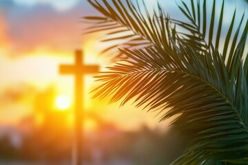 Fototapeta premium Cross and palm leaf with sunset scene background. Palm Sunday Concept 