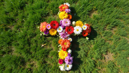 Cemetery flower bouquet floral cross wreath Floral cross on green grass for outdoor memorial