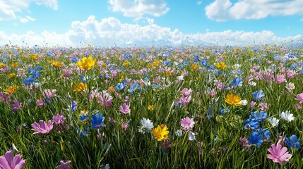 Vibrant Wildflower Meadow: A Stunning Floral Landscape Under a Sunny Sky