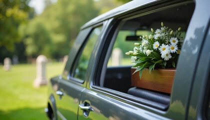 Casket inside hearse black funeral hearse casket inside hearse Funeral car carrying flowers and coffin at cemetery