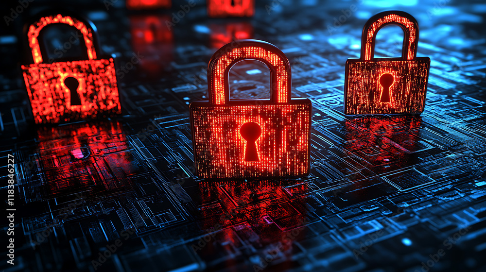 Poster A data breach or unauthorized access to sensitive information, abstract tech background screen elements symbolize the complex nature of cybersecurity and the threats in the digital world