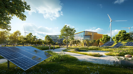 A contemporary, ecofriendly university campus featuring advanced solar panels and wind turbines, showcasing commitment to sustainable energy and reducing carbon footprint