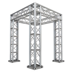 Aluminum truss structure for events, Metal aluminum truss structure with a rectangular framework, used for staging, lighting, or event setups, isolated on white. 
