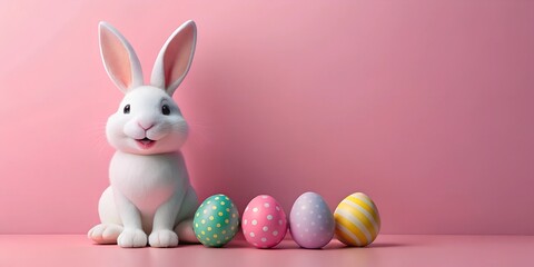 smiling cartoon white bunny sitting with decorated easter eggs on the pink background