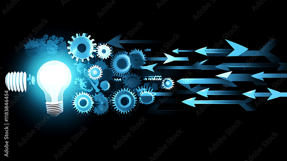 Poster A dynamic array of arrows, gears and a glowing light bulb, symbolizing innovation, strategic thinking, and creative problem solving concepts
