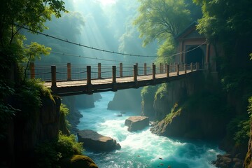 Fototapeta premium suspension bridge in tropical forest valley and under the bridge river water with fast flowing water and many rocks