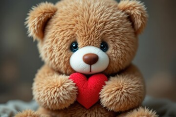 Obraz premium Fluffy teddy bear cradling a red heart, warm and endearing, in a softly blurred background, cozy atmosphere