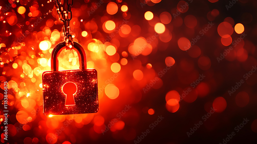 Poster A glowing digital padlock symbolizing cybersecurity, set against a dynamic red bokeh background, depicting the concept of digital security