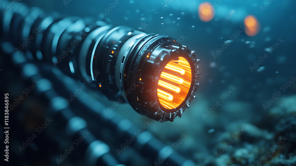 Poster a high-tech submarine fiber-optic cable used for global underwater communication, transmitting data 