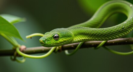 Obraz premium Green Tree Snake Coiled on a Branch in Nature