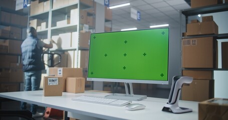 Postal Delivery Service: Computer Screen with Green Screen Chroma Key. Sorting Center Employee...