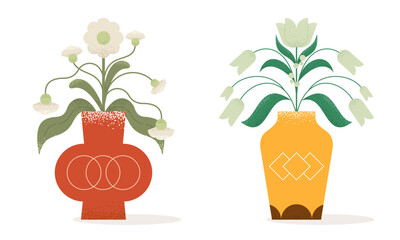 Set of Flat Abstract Beautiful Flowers in Vase. Trendy Illustration of Flower with Geometric Shapes, Grunge Grain Texture for Social Media, Cover, Poster, Invitation and Wallpaper in Minimalist Design