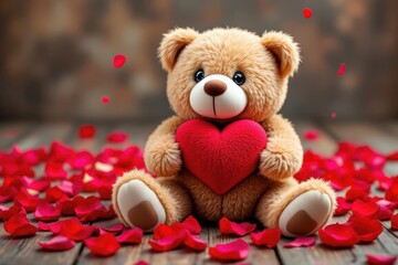 Fototapeta premium Adorable teddy bear holding red heart surrounded by rose petals, romantic mood, representing love, rustic wooden background