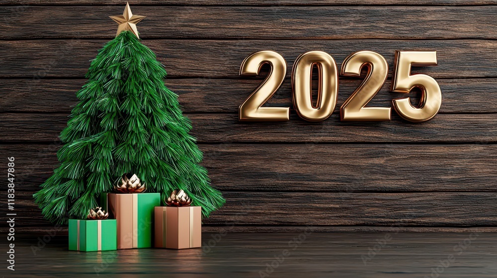 Wall mural a photostock of a glowing christmas tree with presents stacked beneath and 