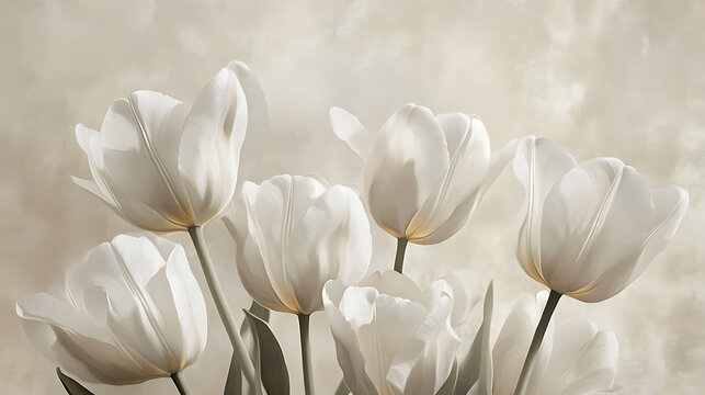 A serene greige pastel colored tulip texture forms a tranquil background, embodying floral aesthetic minimalism with soft, gentle pastel hues that evoke a sense of calm and sophistication