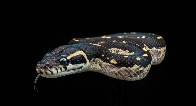 Black and Yellow Python Snake Isolated on Black Background