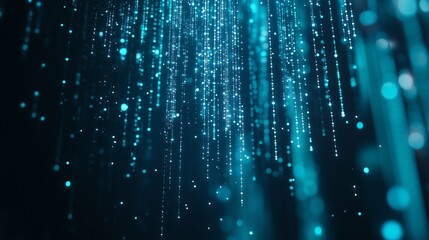 Abstract blue particle streams falling on dark background.