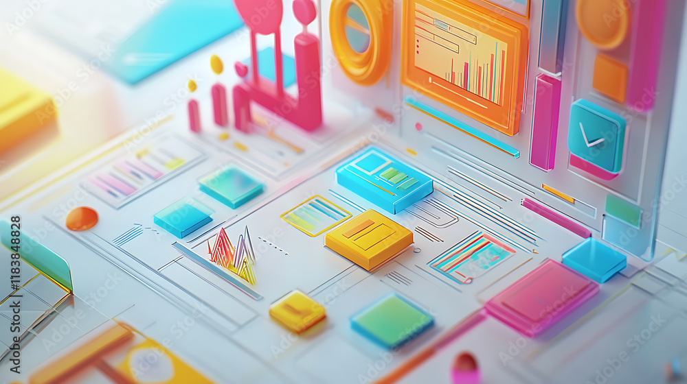 Fototapete A vibrant graphic design concept showcasing digital marketing strategies and project management tools for enhancing website user experience (ux) and interface design