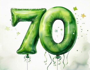 Obraz premium Green birthday / anniversary party balloon, number 70, watercolor painting with white background