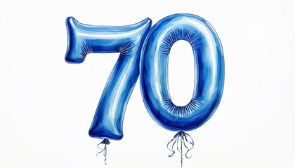 Blue birthday / anniversary party balloon, number 70, watercolor painting with white background