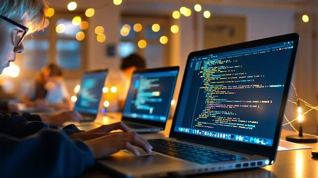 A child focuses intently on coding with a laptop in a warm, inviting space illuminated by soft lights, fostering a creative atmosphere for learning and development.