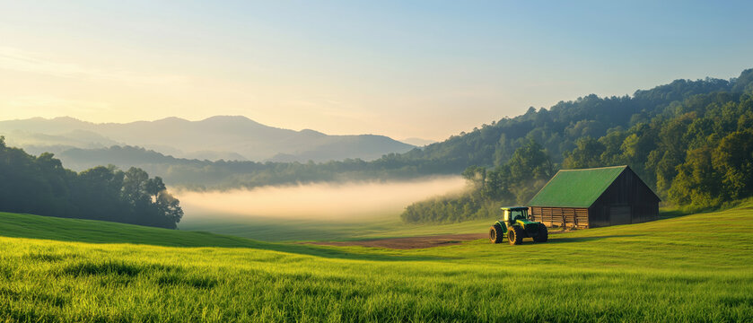 Early Morning Scene of Farmers Working with Tractor in Peaceful Field