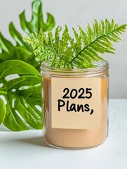 A photostock of a minimalist desk flat lay with a notebook labeled "2025 Plans," surrounded by sleek stationery on a white background. High Quality