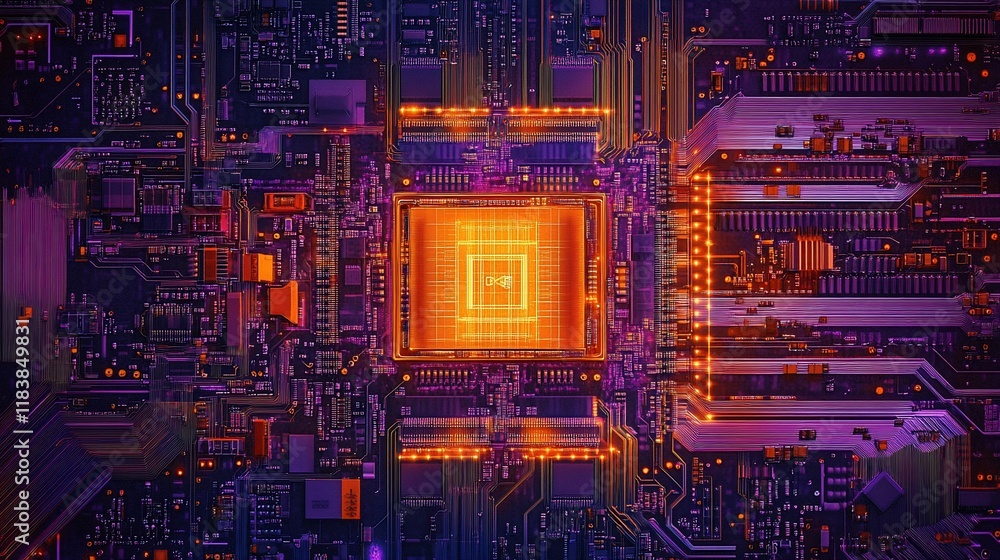 Poster close-up view of a glowing central processing unit (cpu) on a circuit board.