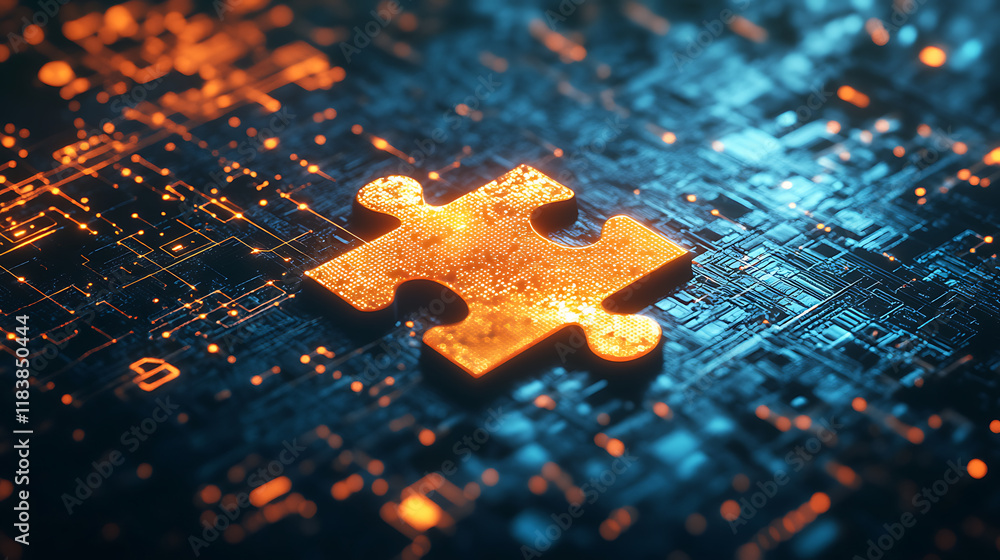 Poster An abstract technology-themed image showcasing a puzzle piece symbolizing api integration within a digital environment, suggesting connectivity and software development