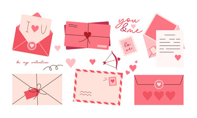 Set of Envelopes and Love Letter Stickers. Romantic Open and Closed Envelopes with Various Elements for Wedding and Valentine Day Decoration Flat Hand Drawn Illustration