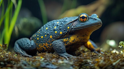 Fototapeta premium Vibrant blue frog in terrarium, close-up, nature background; wildlife photography.