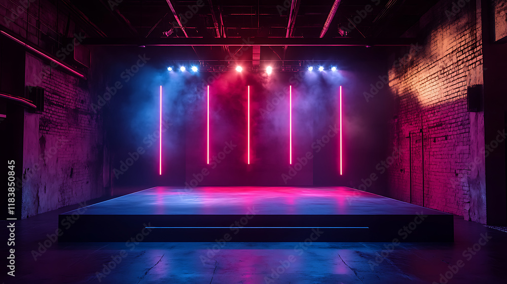 Poster An atmospheric empty stage set on a dark floor, illuminated by vibrant stage lights strategically placed around the perimeter, creating an inviting space for a performance or event