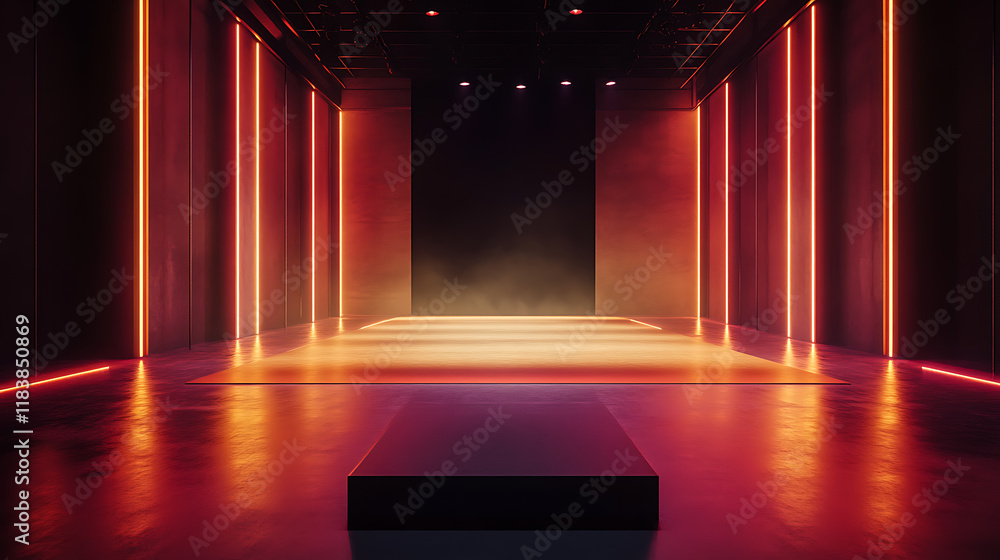 Fototapete An atmospheric empty stage set on a dark floor, illuminated by vibrant stage lights strategically placed around the perimeter, creating an inviting space for a performance or event