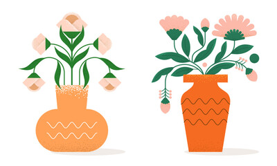Set of Flat Abstract Beautiful Flowers in Vase. Trendy Illustration of Flower with Geometric Shapes, Grunge Grain Texture for Social Media, Cover, Poster, Invitation and Wallpaper in Minimalist Design
