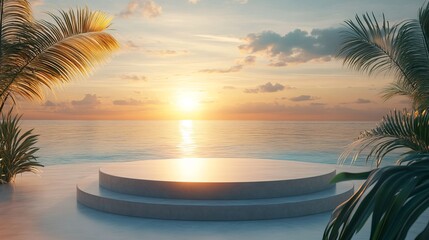 Luxury poolside podium bathed in golden sunset light, overlooking the tranquil sea. Premium backdrop for product displays in tropical paradise settings, evoking summer vibes and resort elegance. 