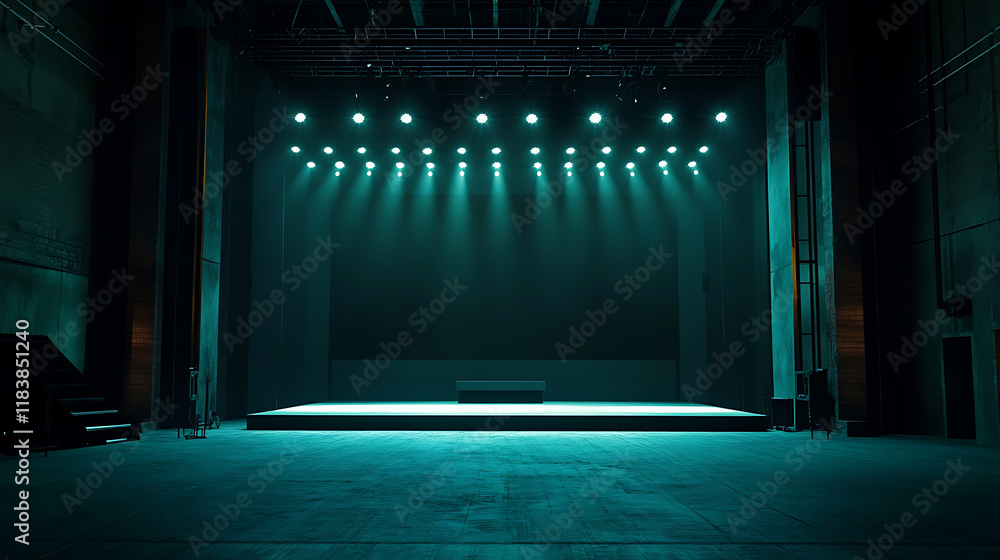 Leinwandbilder An atmospheric empty stage set on a dark floor, illuminated by vibrant stage lights strategically placed around the perimeter, creating an inviting space for a performance or event